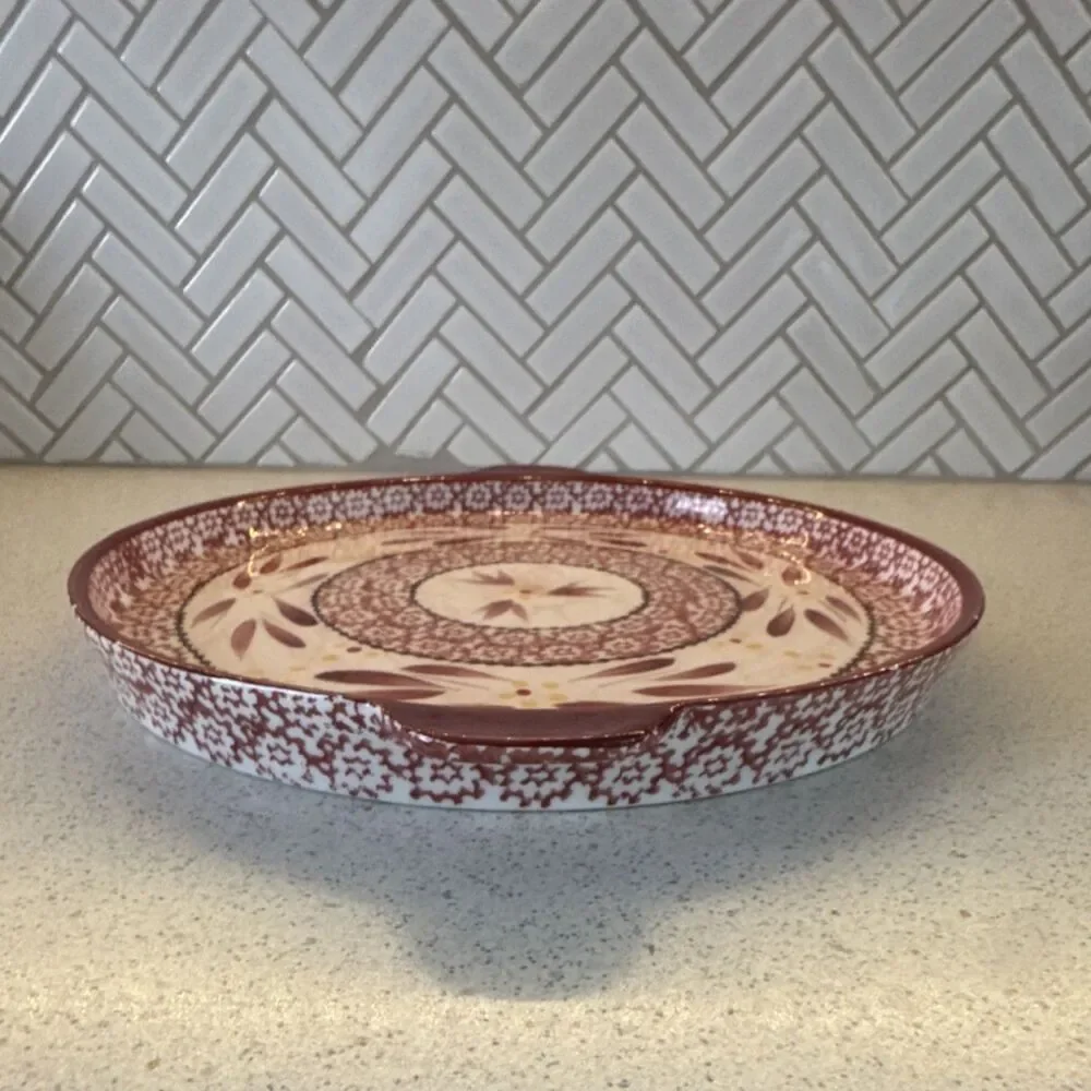 Temp-tations Old World Ceramic Round 2 qt Baking Dish, Oven Safe, Red/White